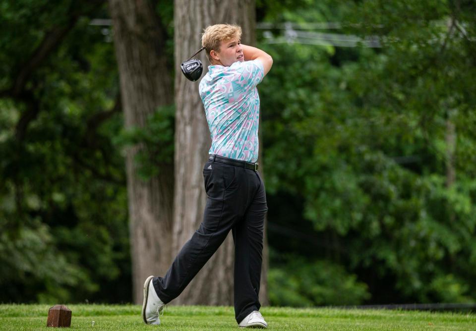 TJ Baker hits a drive during the first round of the Ballard tournament Saturday, June 11, 2022, at Ingersoll Golf Course in Rockford.