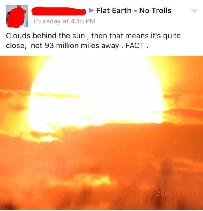 facebook post of someone who says the sun is not 93 million miles away because the sun is big in the sky