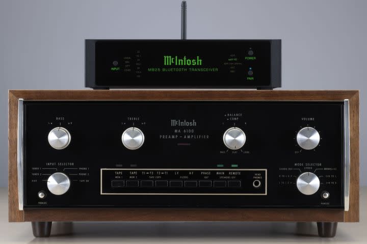 McIntosh MB25 Bluetooth transceiver stacked on top of a vintage McIntosh amp.