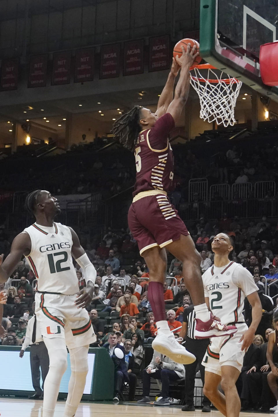 Boston College guard DeMarr Langford Jr. (5) dunks the ball during the second half of an NCAA college basketball game against Miami , Wednesday, Jan. 11, 2023, in Coral Gables, Fla. (AP Photo/Marta Lavandier)