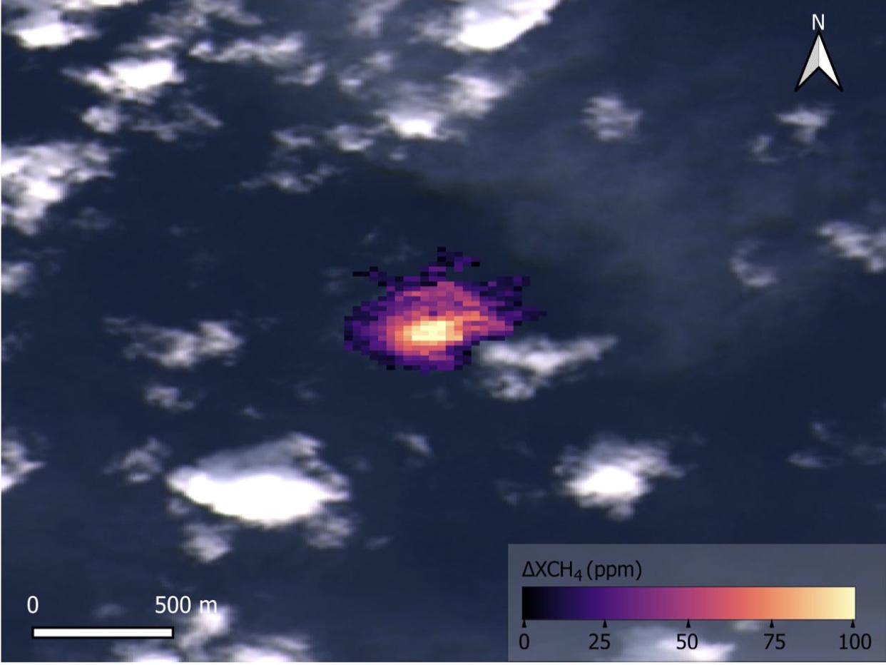 Satellite image of the methane plumes from the Nord Stream pipelines.