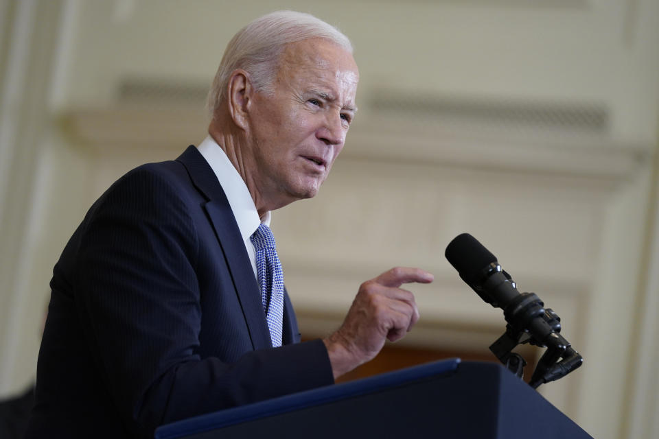 President Joe Biden speaks on the anniversary of the Inflation Reduction Act during an event in the East Room of the White House, Wednesday, Aug. 16, 2023, in Washington. (AP Photo/Evan Vucci)