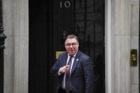 Pro-Brexit European Research Group (ERG) lawmaker Mark Francois arrives at 10 Downing Street in London, Monday, Oct. 21, 2019. There are just 10-days until the U.K. is due to leave the European bloc on Oct. 31.(AP Photo/Alberto Pezzali)