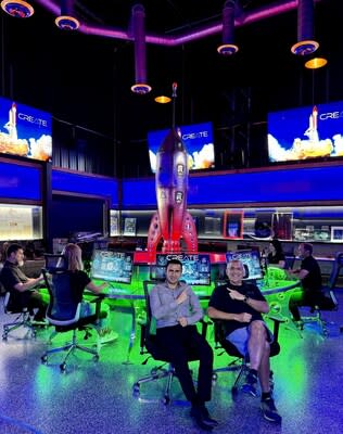 Photo of Dean Solon and Hamlet Tunyan in the rocket room at Create Energy headquarters in Portland, Tennessee.