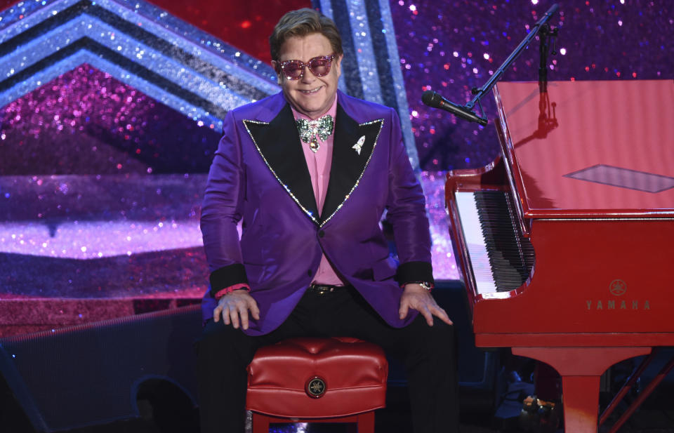 FILE - In this Sunday, Feb. 9, 2020, file photo, Elton John appears after performing his nominated song, 