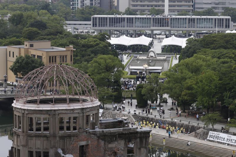 The Atomic Bomb Dome is seen in front of the venue holding a ceremony to mark the 75th anniversary of the atomic bombing in Hiroshima