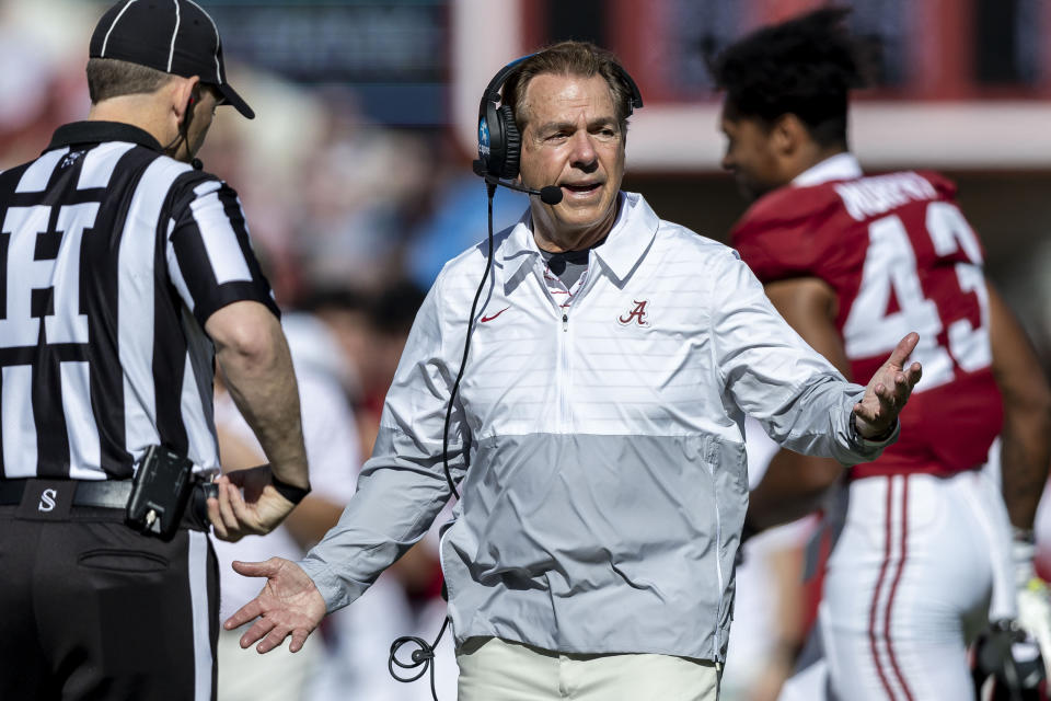 Alabama head coach Nick Saban argues against a targeting call during the first half of an NCAA college football game against Chattanooga, Saturday, Nov. 18, 2023, in Tuscaloosa, Ala. (AP Photo/Vasha Hunt)