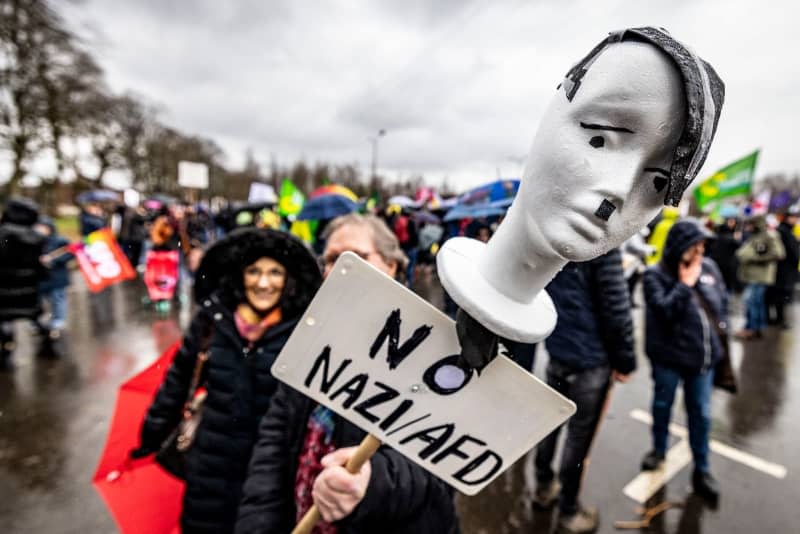 A demonstrator holds a polystyrene head in the style of Adolf Hitler during a protest against the Alternative for Germany (AFD). Christoph Reichwein/dpa