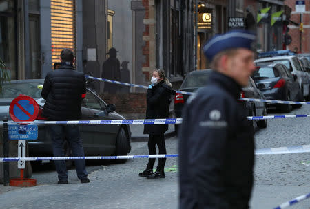 Police keep watch outside the police headquarters after a policeman was stabbed in Brussels, Belgium November 20, 2018. REUTERS/Yves Herman