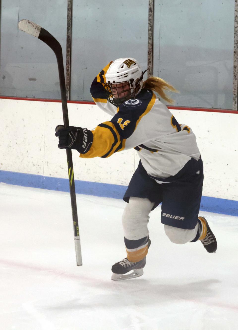 Notre Dame Academy's Devon Moore celebrates her goal during a game versus Beverly/Danvers at the Rockland Ice Rink on Thursday March 03, 2022.  