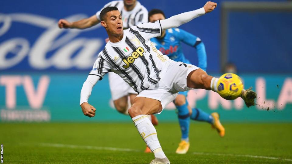 Cristiano Ronaldo scoring a goal for Juventus