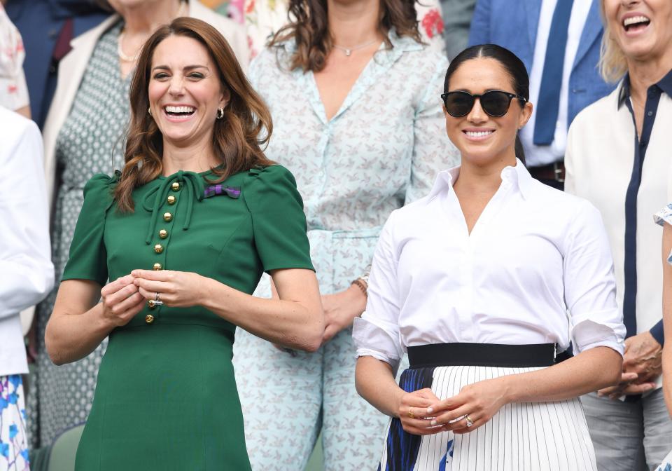 Meghan headed back to Wimbledon, this time with sister-in-law Kate and Kate's sister Pippa, for the <a href="https://people.com/royals/meghan-markle-kate-middleton-wimbledon-sisters-in-law-date/" rel="nofollow noopener" target="_blank" data-ylk="slk:women's finals;elm:context_link;itc:0;sec:content-canvas" class="link ">women's finals</a>. 