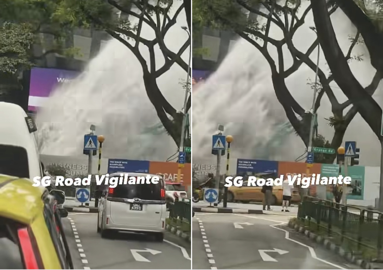Screen grabs of pipe burst at *Scape shopping mall in Orchard Road on 11 April 2024 (Photos: Facebook/SG Road Vigilante - SGRV) 