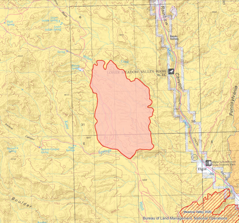 Aerial resources responded to help suppress the approximately 7000-acre Bishop Fire in Rainbow Canyon, about 17 miles southwest of Caliente, Nev.