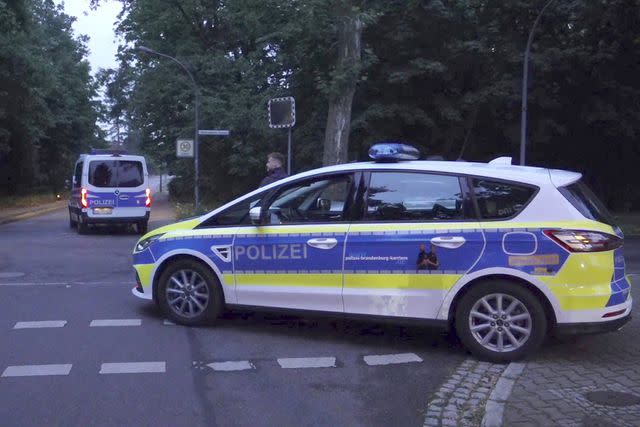 <p>Sven Kaeuler/TNN/dpa via AP</p> Police patrol during a search for a suspected escaped lioness near Kleinmachnow, Germany