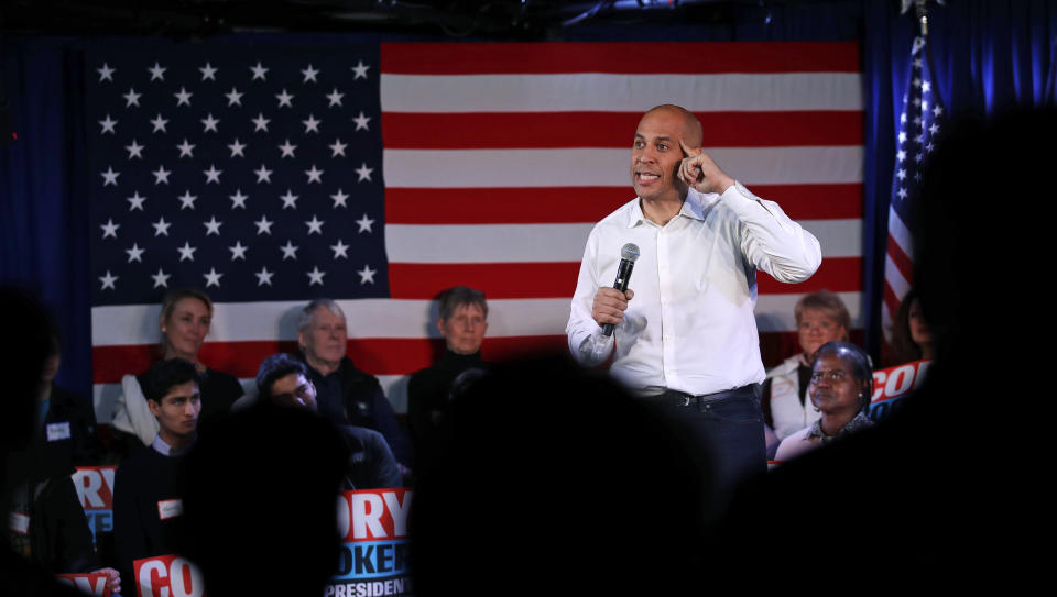 U.S. Sen. Cory Booker, D-N.J., addresses a gathering during a campaign stop in Portsmouth, N.H., Saturday, Feb. 16, 2019. (AP Photo/Charles Krupa)