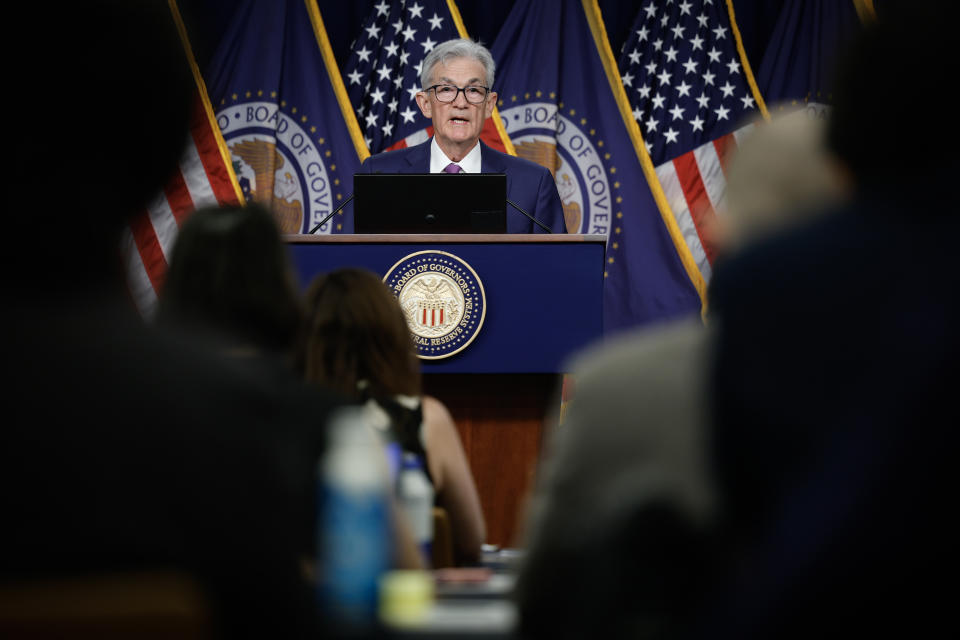 WASHINGTON, DC - MAY 01: Federal Reserve Bank Chair Jerome Powell announces that interest rates will remain unchanged during a news conference at the bank's William McChesney Martin building on May 01, 2024 in Washington, DC. Following the regular two-day Federal Open Markets Committee meeting, Powell said the U.S. economy continues to show momentum and inflation has remained high in recent months, informing the Fed's decision to keep their current 5.33 percent rate setting. (Photo by Chip Somodevilla/Getty Images)