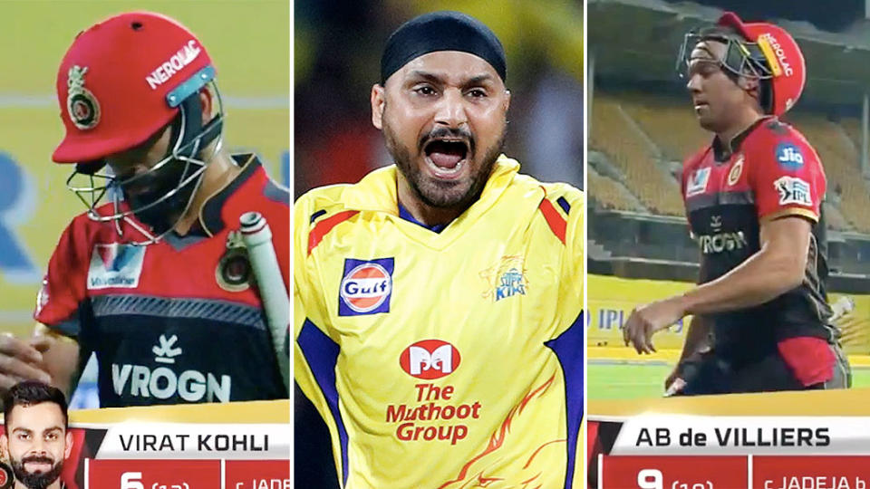 Harbhajan Singh took the wickets of Virat Kohli and AB de Villiers in a monster spell. Pic: IPL/AAP