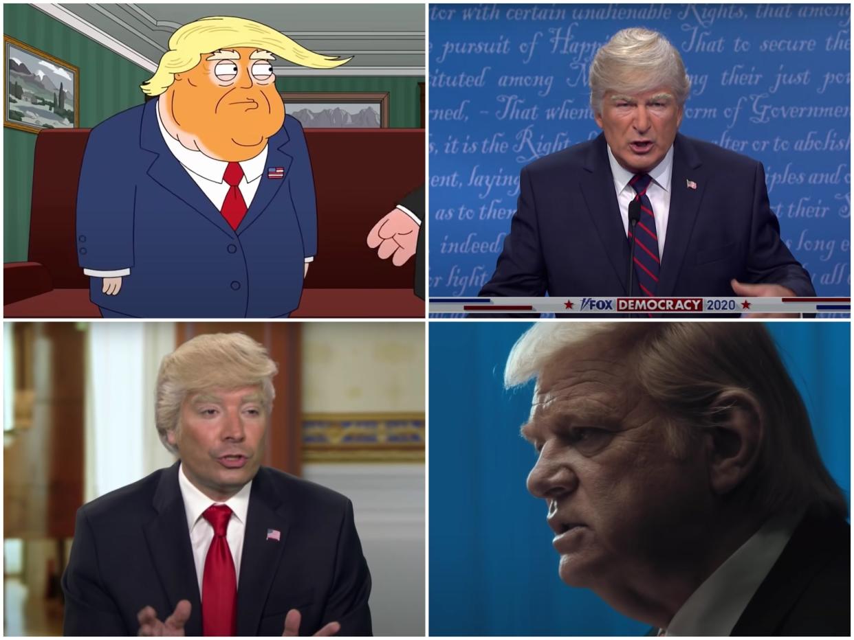 Clockwise from top left: Trump in ‘Family Guy’, ‘Saturday Night Live’, ‘The Comey Rule’ and ‘The Tonight Show with Jimmy Fallon' (YouTube)