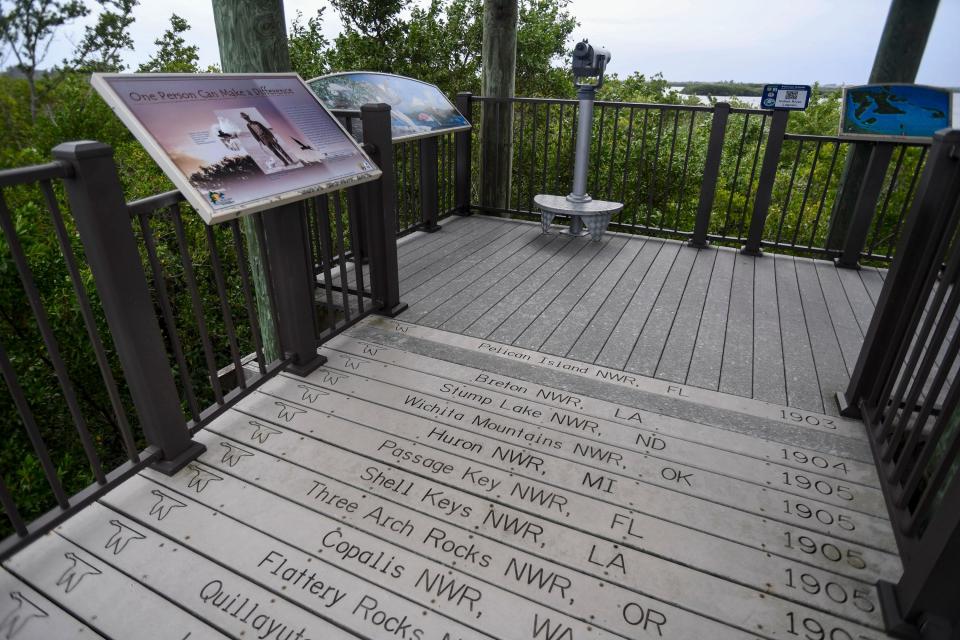 Pelican Island National Wildlife Refuge's centennial walking trail features an observation tower with a view of Pelican Island, located in the Indian River Lagoon.