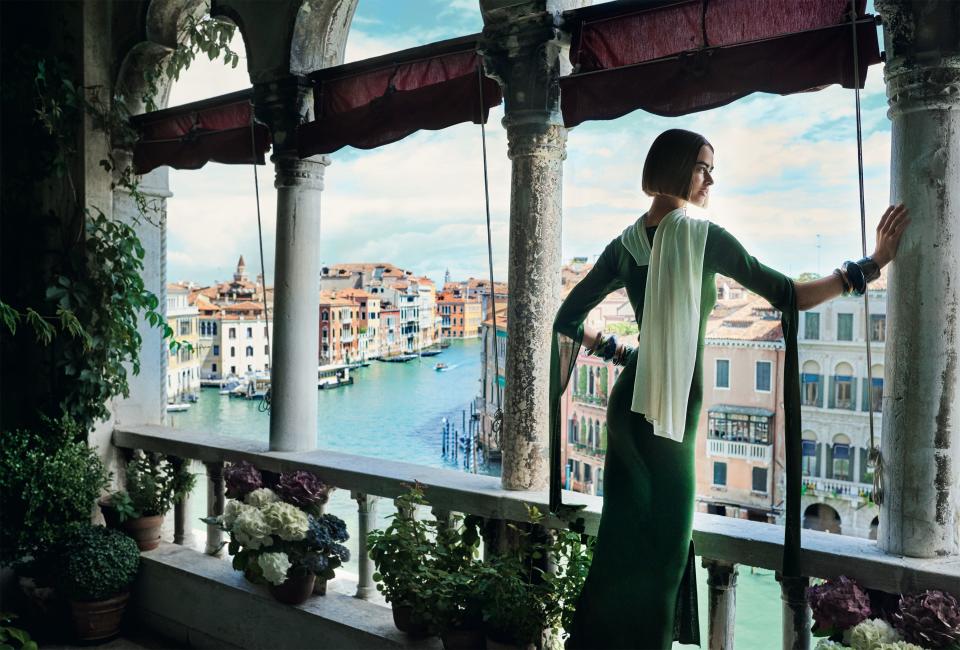 <strong>Room With a View</strong> A lush landscaped terrace sets the scene; a luxurious column dress in bucolic hues brings the mood. J.W.Anderson dress, $2,605; j-w-anderson.com. Bangles by Dinosaur Designs and Cara Croninger. <em>In this story: Cut and Hairstyling: Odile Gilbert; Makeup: Stéphane Marais Produced by MT+; Local Production: Riccardo Lanza, Federica Russo, and Lanza & Baucina Set Design: Riccardo Lanza and Lanza & Baucina</em>