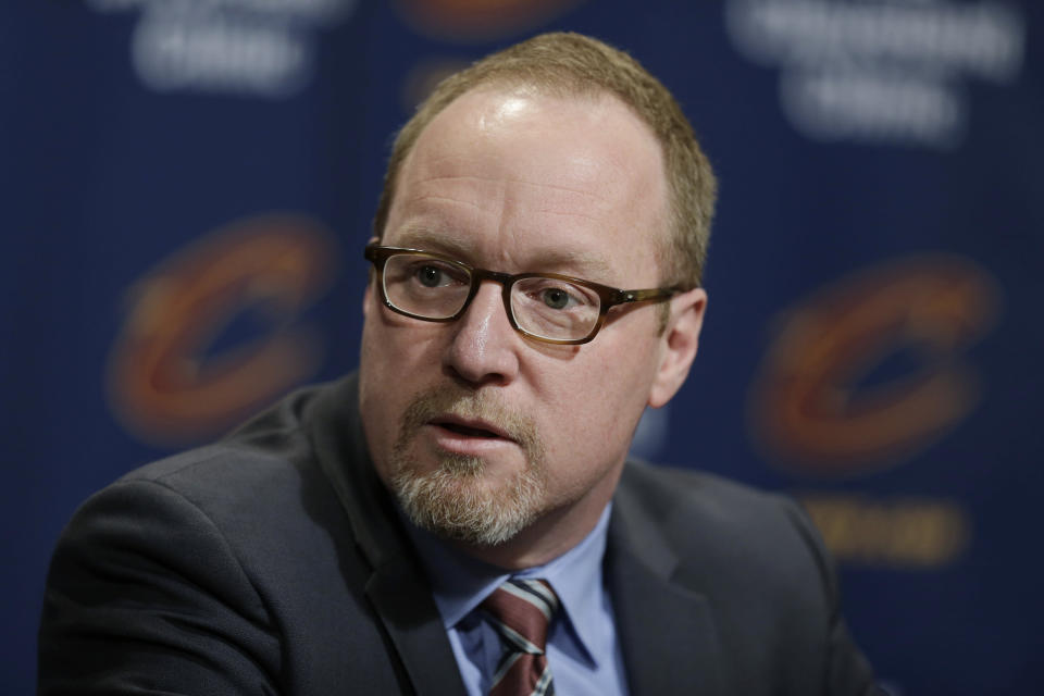 FILE - In this Feb. 18, 2016, file photo, Cleveland Cavaliers general manager David Griffin speaks at a news conference before the team's NBA basketball game between the Chicago Bulls and the Cavaliers in Cleveland. Three people familiar with the situation say the New Orleans Pelicans have reached an agreement in principle to make former Cavaliers GM Griffin the Hornets' new executive vice president of basketball operations. The people spoke to The Associated Press on condition of anonymity because contract negotiations are ongoing and no announcement has been made. (AP Photo/Tony Dejak, File)