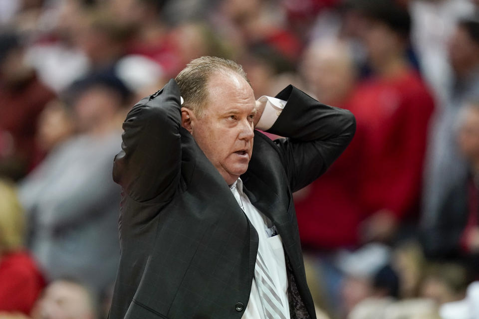 Wisconsin coach Greg Gard reacts after one of his players is called on his fourth foul during the second half of an NCAA college basketball game against Illinois Saturday, March 2, 2024, in Madison, Wis. (AP Photo/Andy Manis)