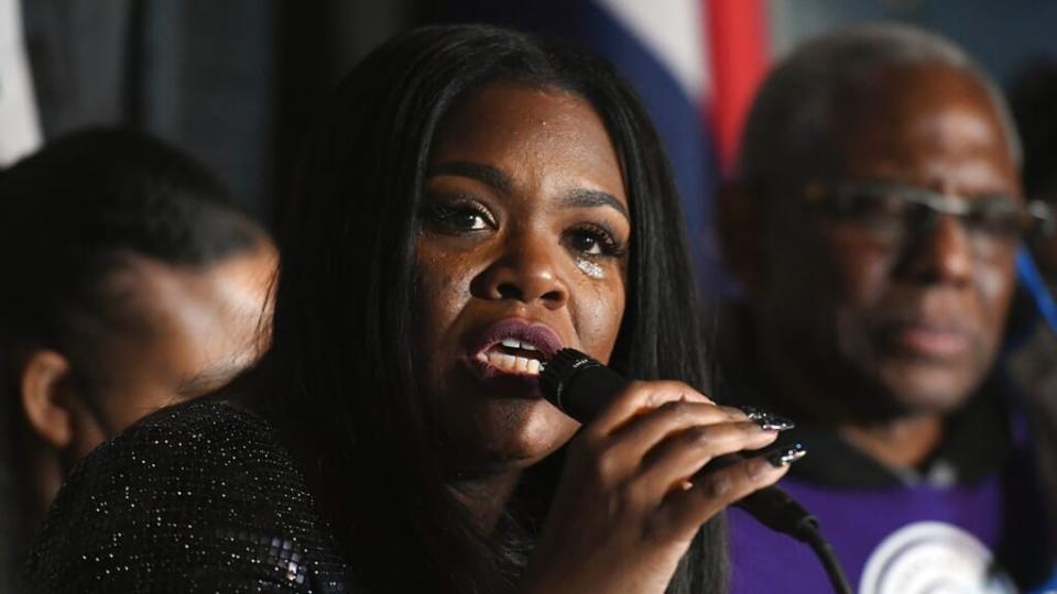 Congresswoman-elect Cori Bush, the first Black woman elected to Congress from the state of Missouri, speaks at her campaign headquarters’ election-night watch party Nov. 3 in St. Louis. (Photo by Michael B. Thomas/Getty Images)