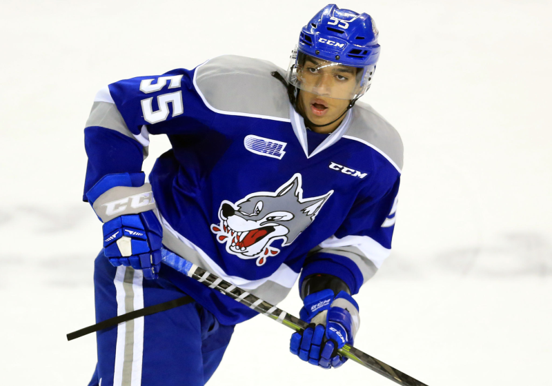 ST CATHARINES, ON - OCTOBER 4: Quinton Byfield #55 of the Sudbury Wolves skates.