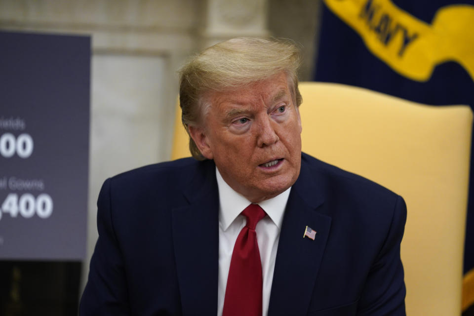 President Donald Trump speaks during a meeting about the coronavirus response with Gov. Greg Abbott, R-Texas, in the Oval Office of the White House, Thursday, May 7, 2020, in Washington. (AP Photo/Evan Vucci)