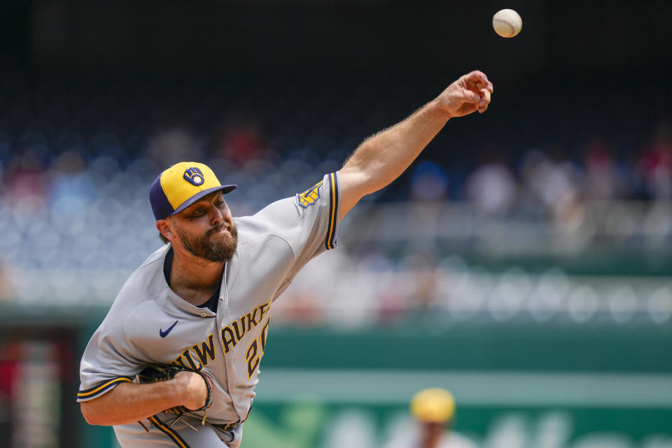 Milwaukee Brewers starting pitcher Wade Miley throws during the first inning of a baseball game against the Washington Nationals at Nationals Park, Wednesday, Aug. 2, 2023, in Washington. (AP Photo/Alex Brandon)