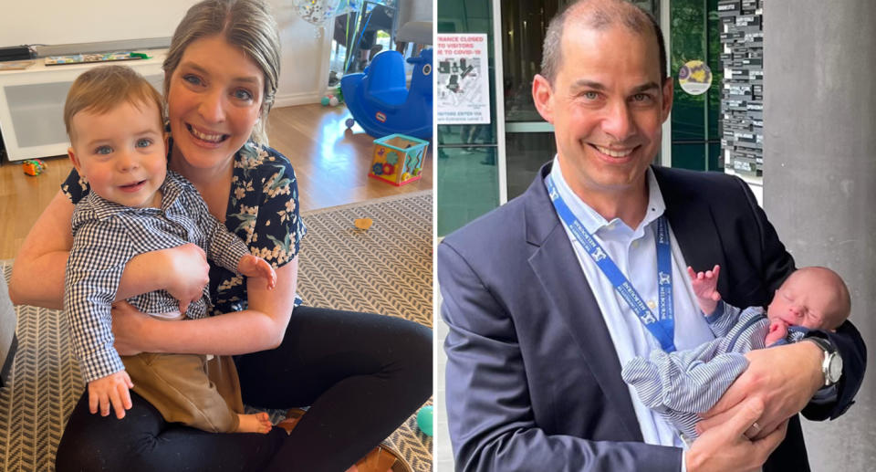 Nicole and Gus sitting on the floor (left) and surgeon Augusto ‘Gus’ Gonzalvo holding Gus, who was named after him (right). 