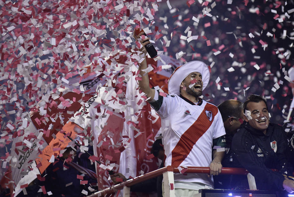 River Plate celebrates their 3-0 Recopa victory over Brazil's Athletico Paranaense at the Recopa Sudamericana final soccer match in Buenos Aires, Argentina, Thursday, May 30, 2019. (AP Photo/Gustavo Garello)