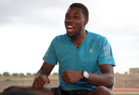 American track and field sprinter Noah Lyles reacts during an interview after training at the National Training Center in Clermont, Florida, U.S., February 19, 2019. REUTERS/Phelan Ebenhack