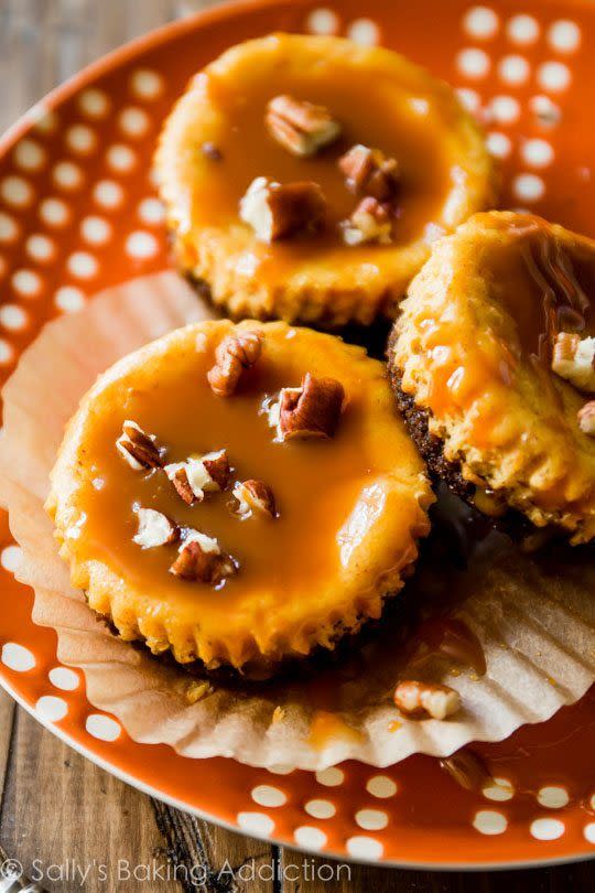 <p>These mini pumpkin cheesecakes have salted caramel drizzled on top. It's a decadent treat to enjoy all season long.</p><p><strong>Get the recipe at <a href="https://sallysbakingaddiction.com/salted-caramel-pumpkin-cheesecakes/" rel="nofollow noopener" target="_blank" data-ylk="slk:Sally's Baking Addiction;elm:context_link;itc:0;sec:content-canvas" class="link ">Sally's Baking Addiction</a>.</strong> </p>