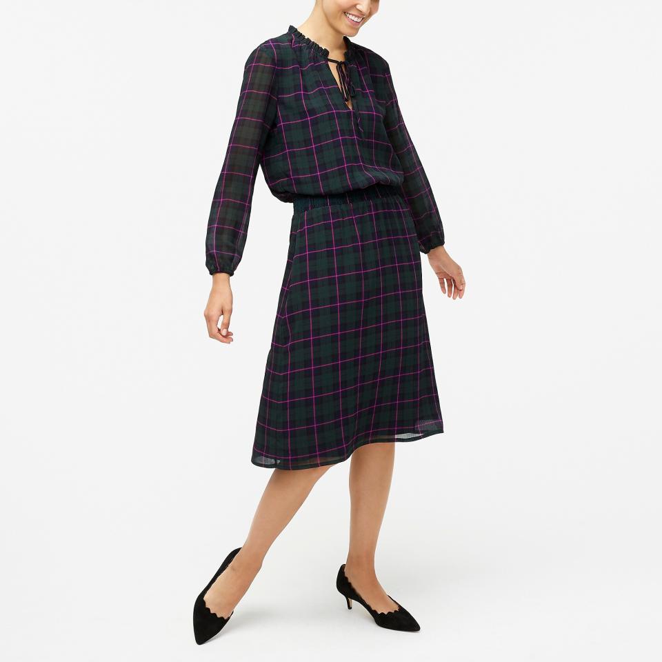 Long-sleeve Printed Tie-neck Dress in Black Witch Plaid. (Photo: J. Crew)