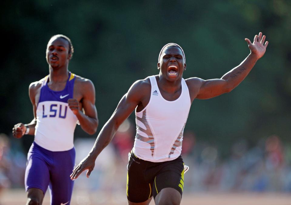 Jun 15, 2012; Bloomington, IN, USA; Tyreek Hill of Coffee County High in Georgia (right) reacts after defeating Aaron Earnest of LSU to win the 100m, 10.28 to 10.46, in the 2012 USA Junior Championships at the Robert C. Haugh Track & Field Complex at the University of Indiana. Mandatory Credit: Kirby Lee/Image of Sport-USA TODAY Sports