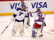 OTTAWA, ON - JANUARY 28: Team Alfredsson's Henrik Lundqvist #30 of the New York Rangers talks with Goalie Brian Elliott #1 of the St. Louis Blues during Tim Hortons NHL Elimination Shoot Out part of the 2012 Molson Canadian NHL All-Star Skills Competition at Scotiabank Place on January 28, 2012 in Ottawa, Ontario, Canada. (Photo by Gregory Shamus/Getty Images)