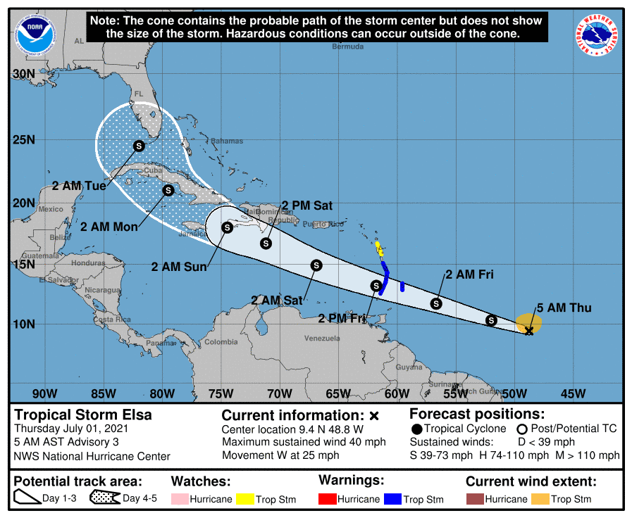 Tropical Storm Elsa forms east of Caribbean.