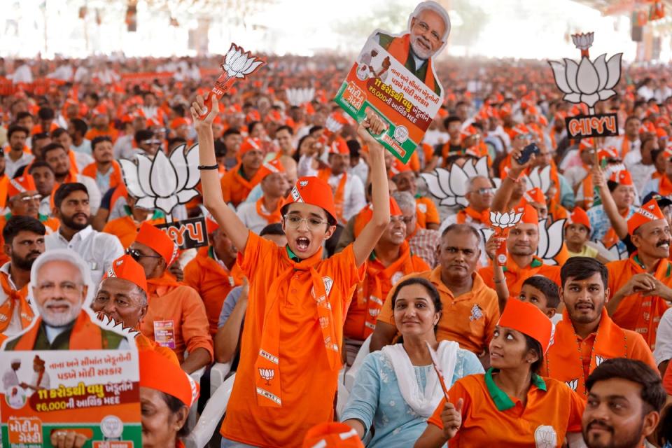 Supporters of prime minister Narendra Modi during an election campaign rally in Anand, Gujarat (Reuters)