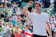 Mar 31, 2015; Key Biscayne, FL, USA; Andy Murray celebrates after his match against Kevin Anderson (not pictured) on day nine of the Miami Open at Crandon Park Tennis Center. Murray won 6-4, 3-6, 6-3. Mandatory Credit: Geoff Burke-USA TODAY