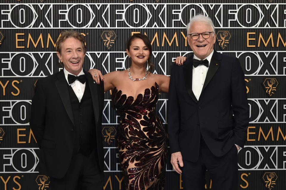 Martin Short, from left, Selena Gomez, and Steven Martin arrive at the 75th Primetime Emmy Awards on Monday, Jan. 15, 2024, at the Peacock Theatre in Los Angeles.