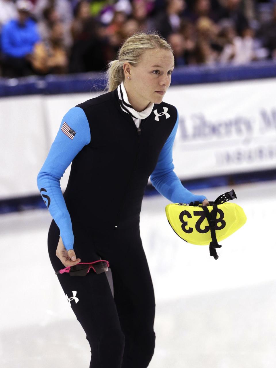 Emily Scott looks on before competing a race in the women's 1,500 meters during the U.S. Olympic short track speedskating trials, Friday, Jan. 3, 2014, in Kearns, Utah. (AP Photo/Rick Bowmer)