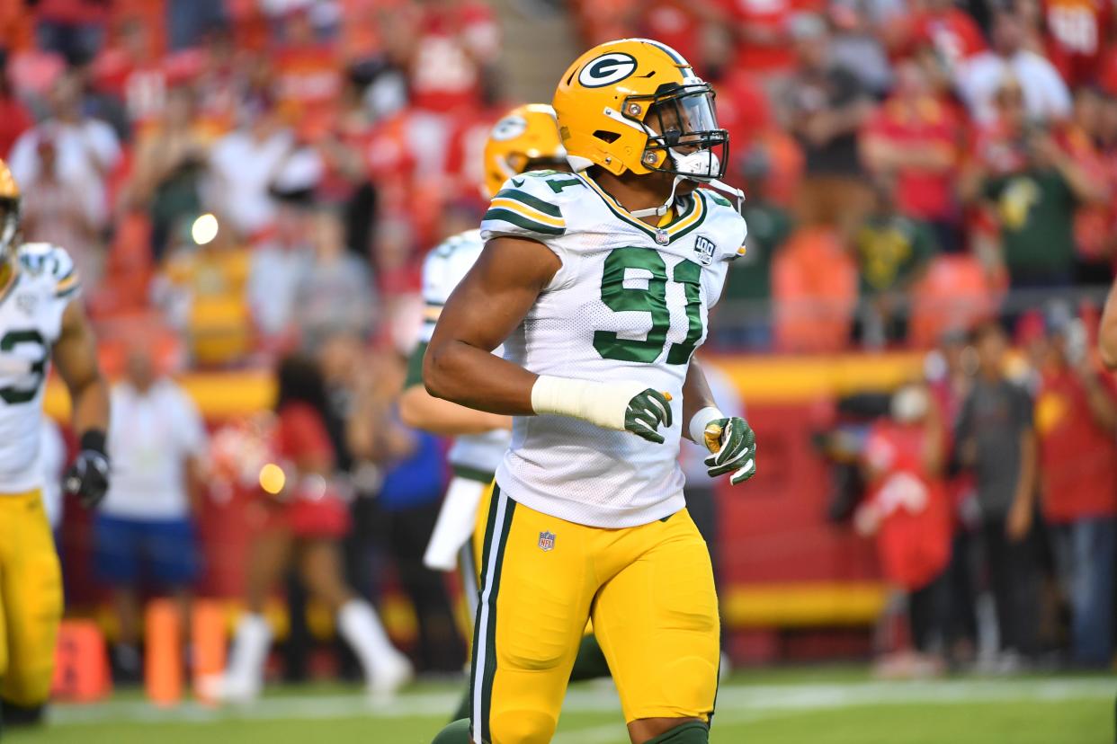 Green Bay Packers linebacker Kendall Donnerson runs onto the field before a preseason game against the Kansas City Chiefs.