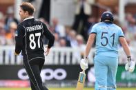 Ferguson (L) celebrates taking the wicket of England's Jonny Bairstow for 36 runs (Photo by Glyn KIRK / AFP)