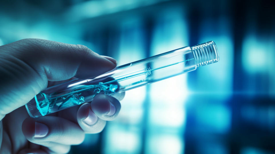 A close-up of a woman's hand syringe containing a bio-pharmaceutical drug.