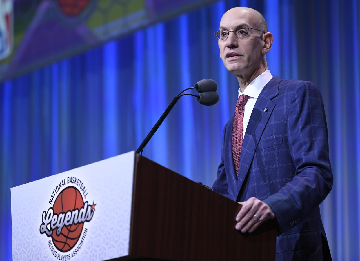 CHARLOTTE, NC - FEBRUARY 16: NBA Commissioner Adam Silver speaks at the All Star Breakfast held by the National Basketball Retired Players Association at the Renaissance Charlotte Suites Hotel on February 16, 2019 in Charlotte, North Carolina. (Photo by John McCoy/Getty Images)