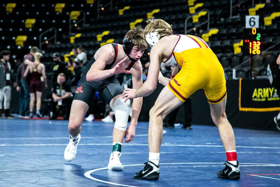 Iowa City High's Cale Seaton, left, and Ankeny's Trever Anderson will both wrestle in this week's state tournament.