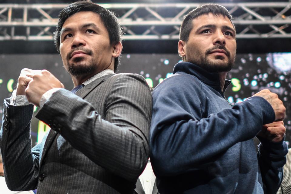 Manny Pacquiao (L) and Lucas Matthysse will fight for the WBA welterweight title in Kuala Lumpur, Malaysia, on July 14 U.S. time. (Getty Images)