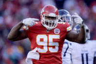 Kansas City Chiefs' Chris Jones reacts during the first half of the NFL AFC Championship football game against the Tennessee Titans Sunday, Jan. 19, 2020, in Kansas City, MO. (AP Photo/Charlie Riedel)